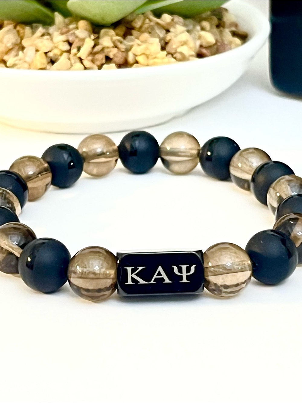 Kappa Alpha Psi Black Onyx and Smoky Gray Quartz Beaded Men's Bracelet